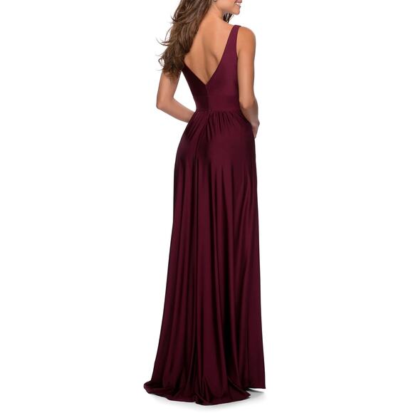 La Femme Plunge Neck A-Line Dark Berry Red Formal Evening Gown Size 14 NWT - Picture 2 of 7